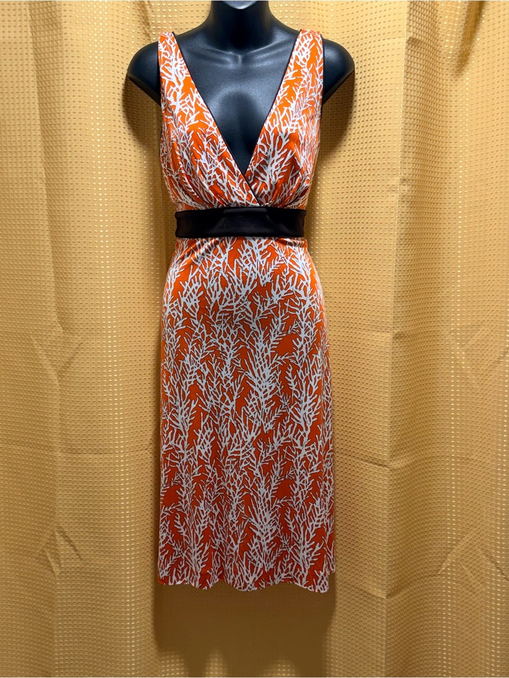 Tory Burch Orange and White V-Neck Sleeveless Midi Dress
